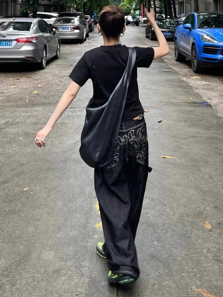 Baggy Black Embroidered Jeans Status Shipping