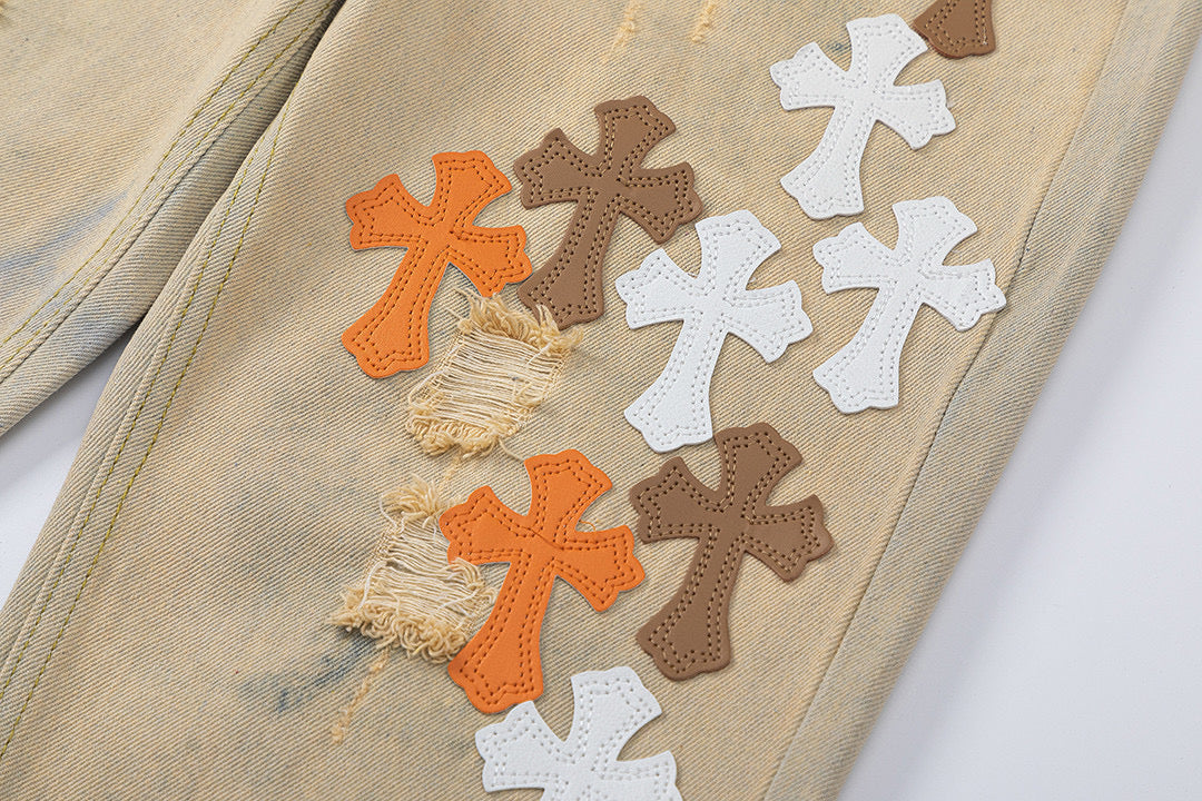 CHROME HEARTS ORANGE BROWN CROSS PATCH JEANS BEIGE Status Shipping