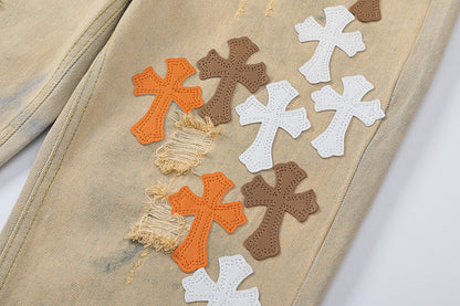 CHROME HEARTS ORANGE BROWN CROSS PATCH JEANS BEIGE Status Shipping
