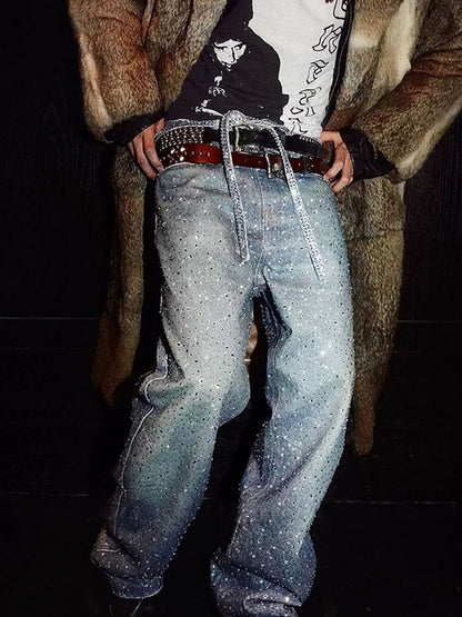 Denim Distressed Belt Diamond Decorated Jeans SP250915KSND