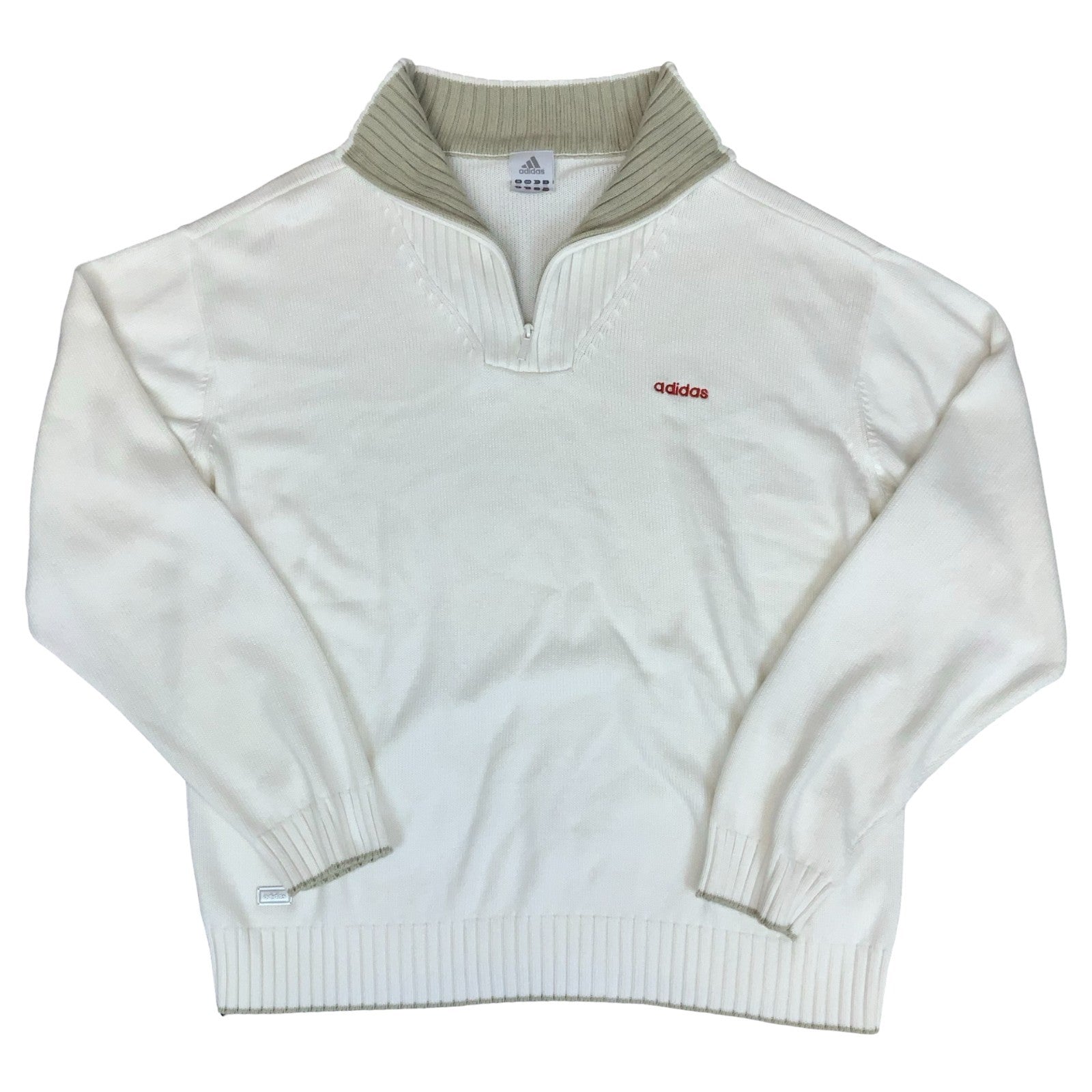 VTG 'ADIDAS' WHITE BEIGE RIBBED 1/4 ZIP NECK KNIT PULLOVER CASUAL SWEATSHIRT 2XL Vintage Superstore