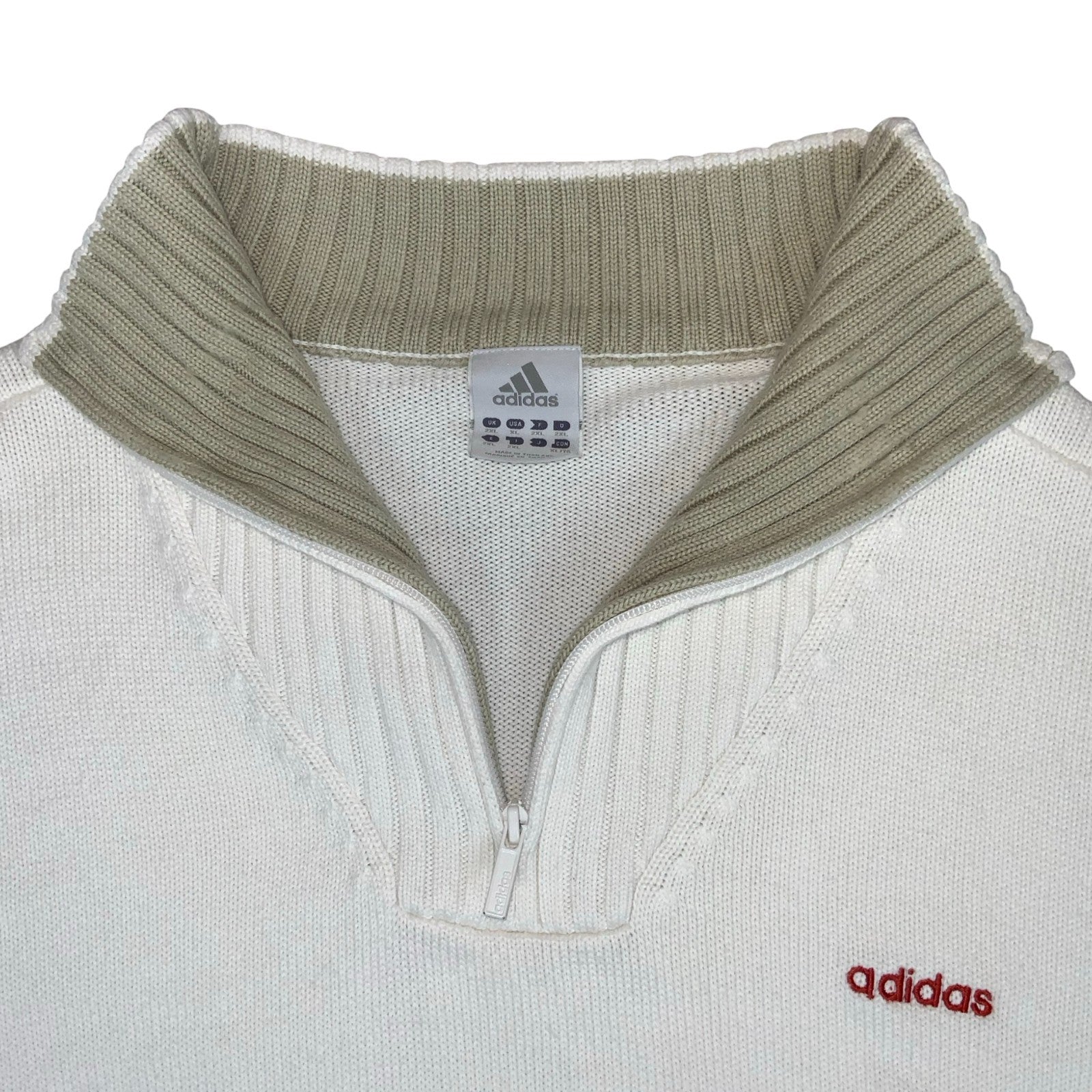 VTG 'ADIDAS' WHITE BEIGE RIBBED 1/4 ZIP NECK KNIT PULLOVER CASUAL SWEATSHIRT 2XL Vintage Superstore