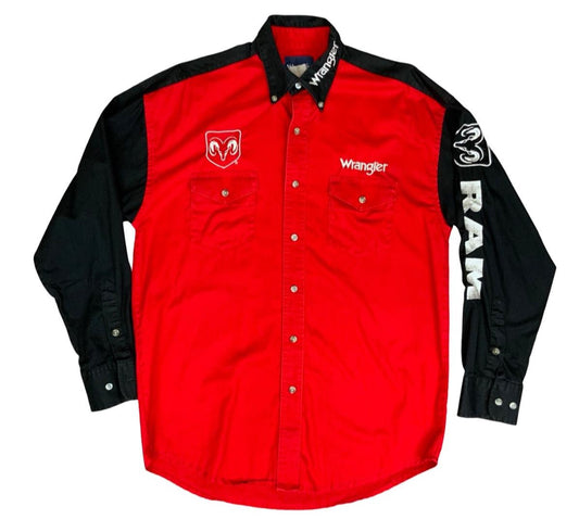 VTG 90s WRANGLER DODGE RAM TRUCK RODEO RED & BLACK WESTERN SHIRT MEDIUM Vintage Superstore
