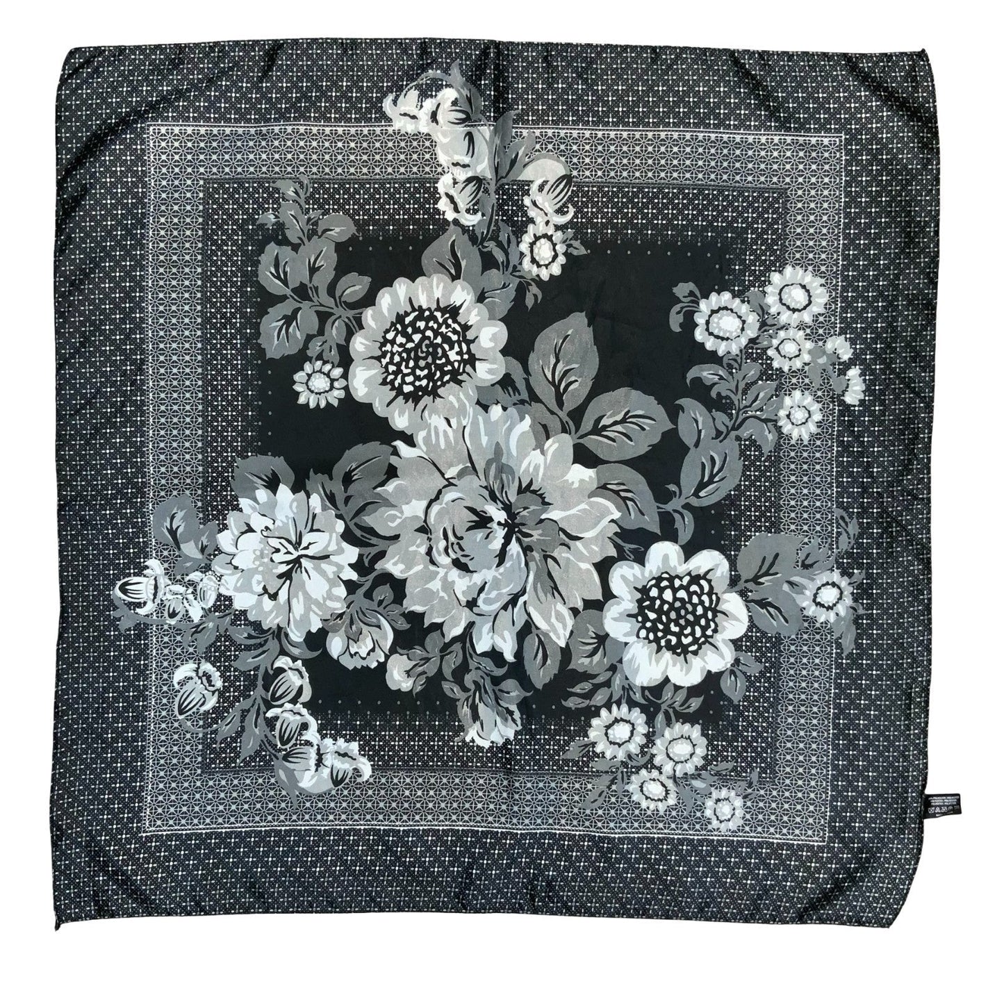 VTG BLACK GREY WHITE FLORAL PATTERNED ELEGANT SQUARE SCARF Vintage Superstore
