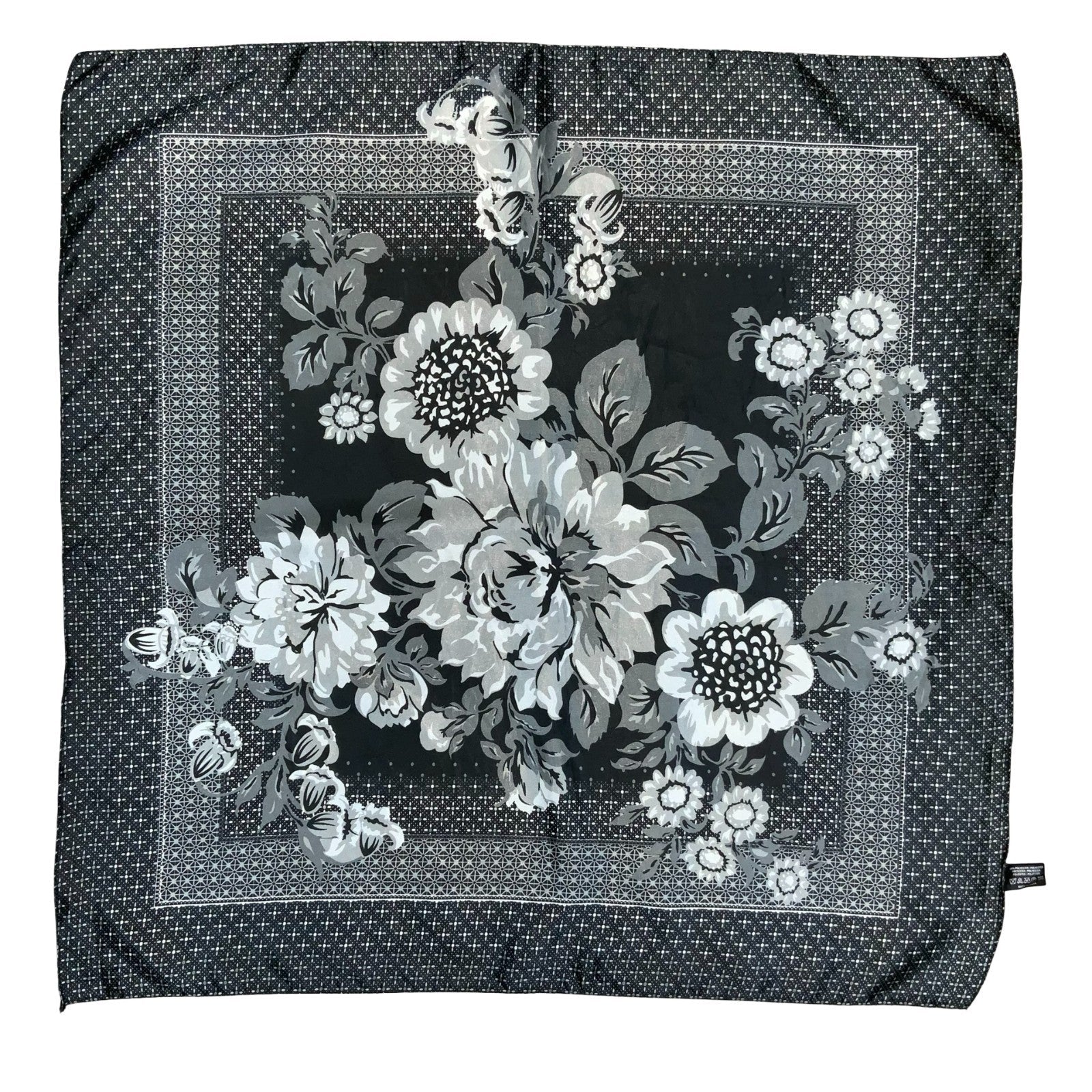 VTG BLACK GREY WHITE FLORAL PATTERNED ELEGANT SQUARE SCARF Vintage Superstore