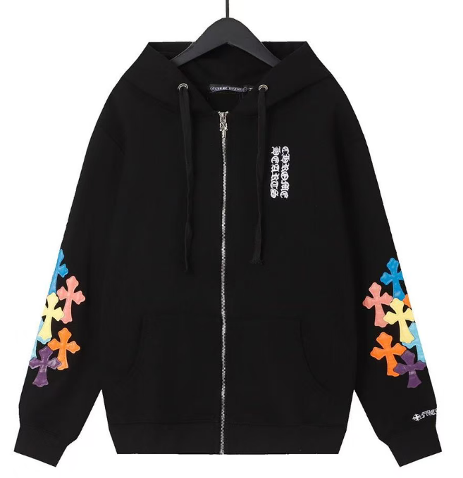CHROME HEARTS MULTICOLOR CROSS PATCH ZIPPER HOODIE BLACK Status Shipping