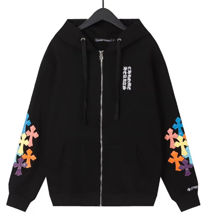 CHROME HEARTS MULTICOLOR CROSS PATCH ZIPPER HOODIE BLACK Status Shipping