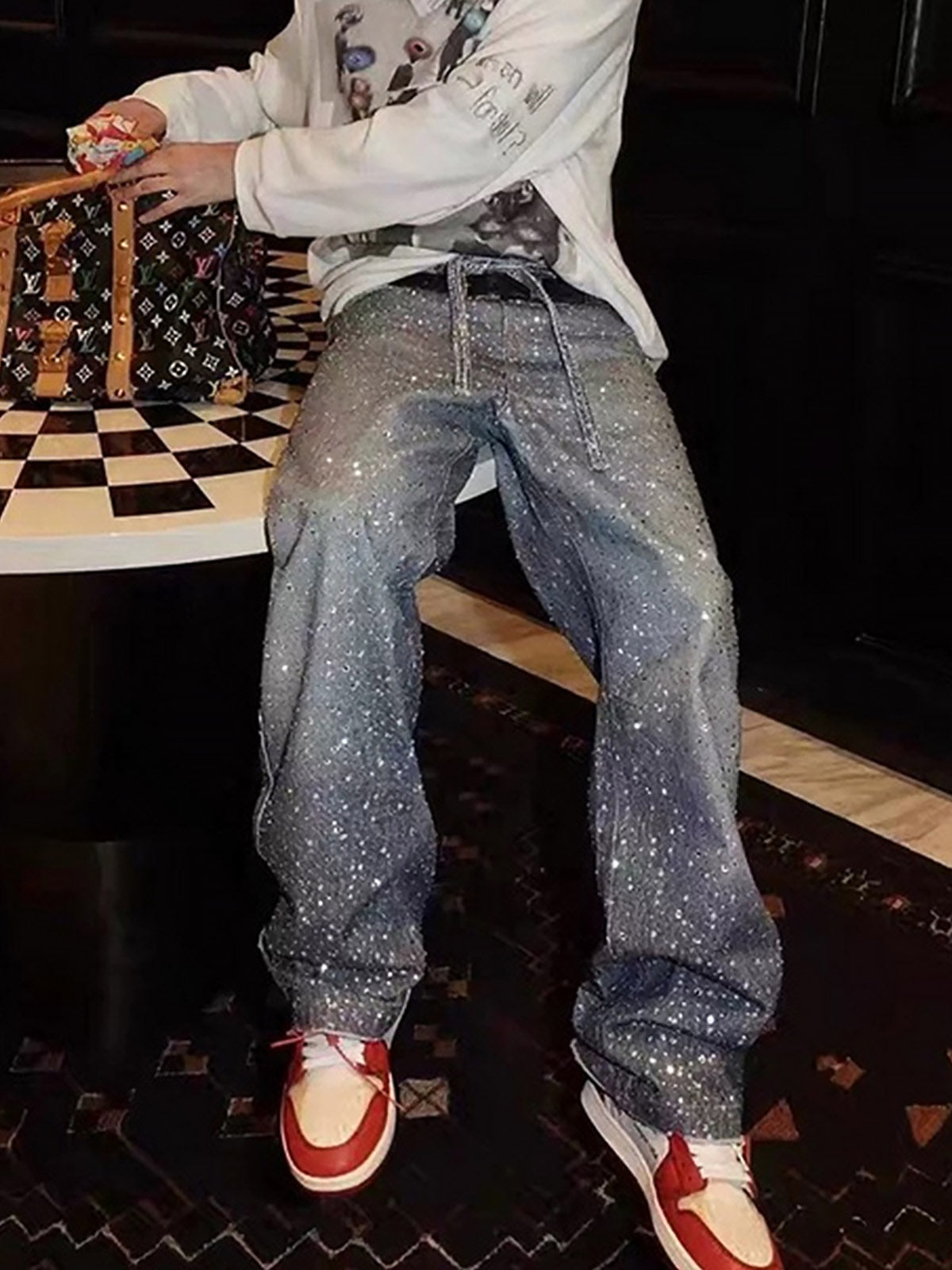 Denim Distressed Belt Diamond Decorated Jeans SP250915KSND