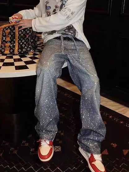 Denim Distressed Belt Diamond Decorated Jeans SP250915KSND