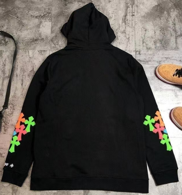 CHROME HEARTS MULTICOLOR CROSS PATCH ZIPPER HOODIE BLACK Status Shipping