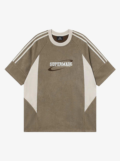 Suede Contrast Color Spliced Letter Embroidery Oversize T-shirt - 2462 SP250915KSND