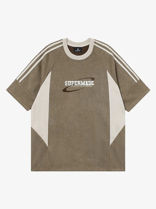 Suede Contrast Color Spliced Letter Embroidery Oversize T-shirt - 2462 SP250915KSND