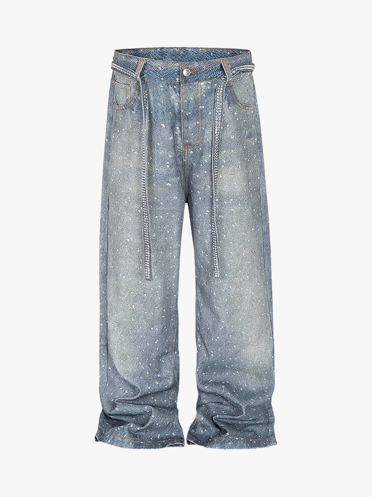 Denim Distressed Belt Diamond Decorated Jeans SP250915KSND