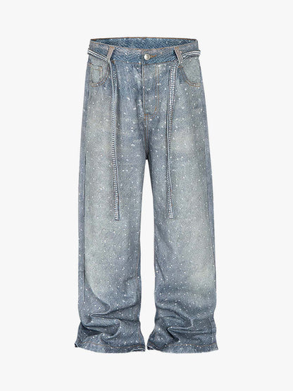 Denim Distressed Belt Diamond Decorated Jeans SP250915KSND