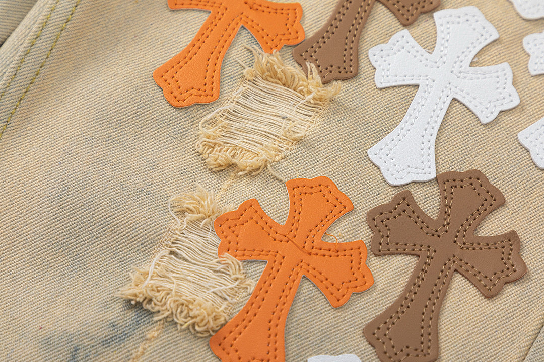 CHROME HEARTS ORANGE BROWN CROSS PATCH JEANS BEIGE Status Shipping