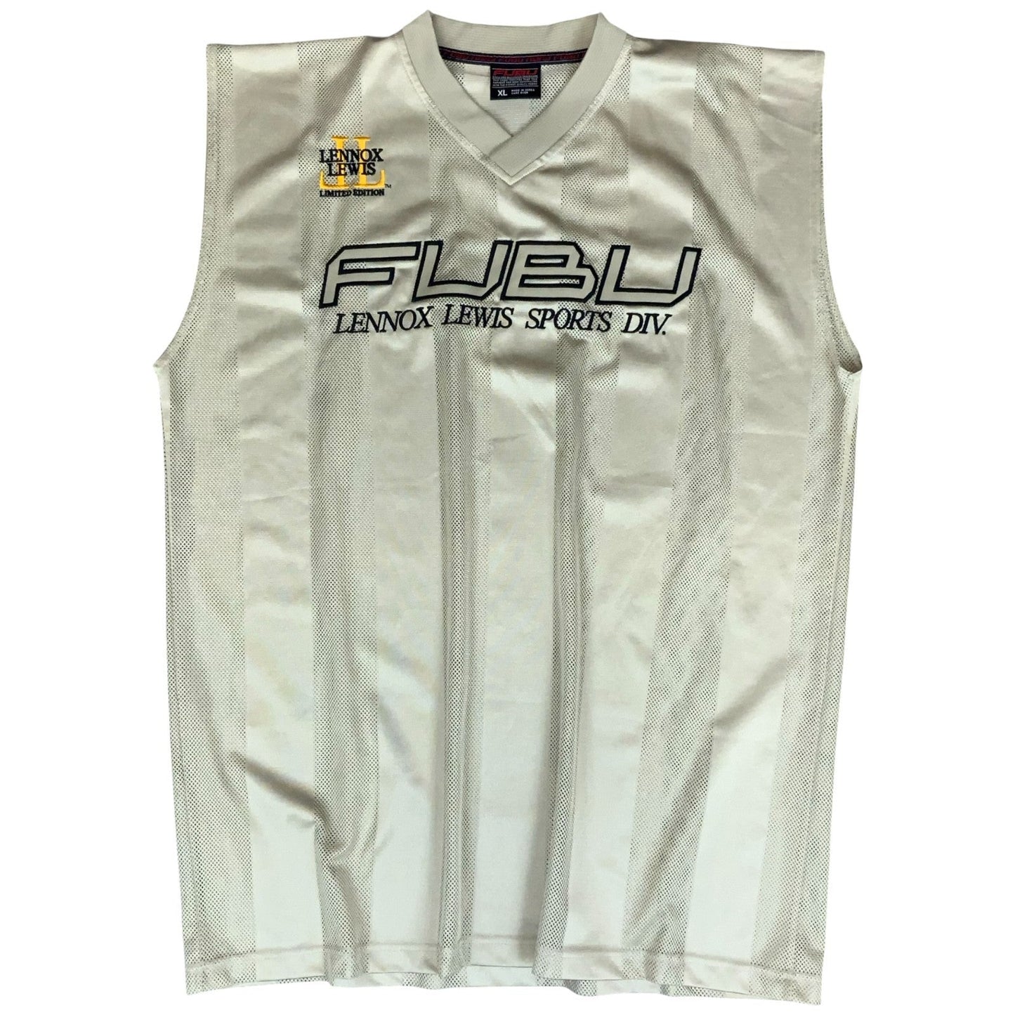 VTG 90s y2k 'FUBU' LENNOX LEWIS SPORTS DIVISION BEIGE SLEEVELESS JERSEY XL/2XL Vintage Superstore