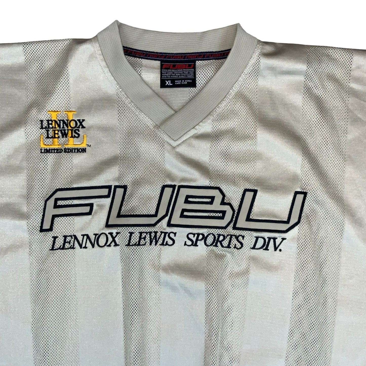 VTG 90s y2k 'FUBU' LENNOX LEWIS SPORTS DIVISION BEIGE SLEEVELESS JERSEY XL/2XL Vintage Superstore