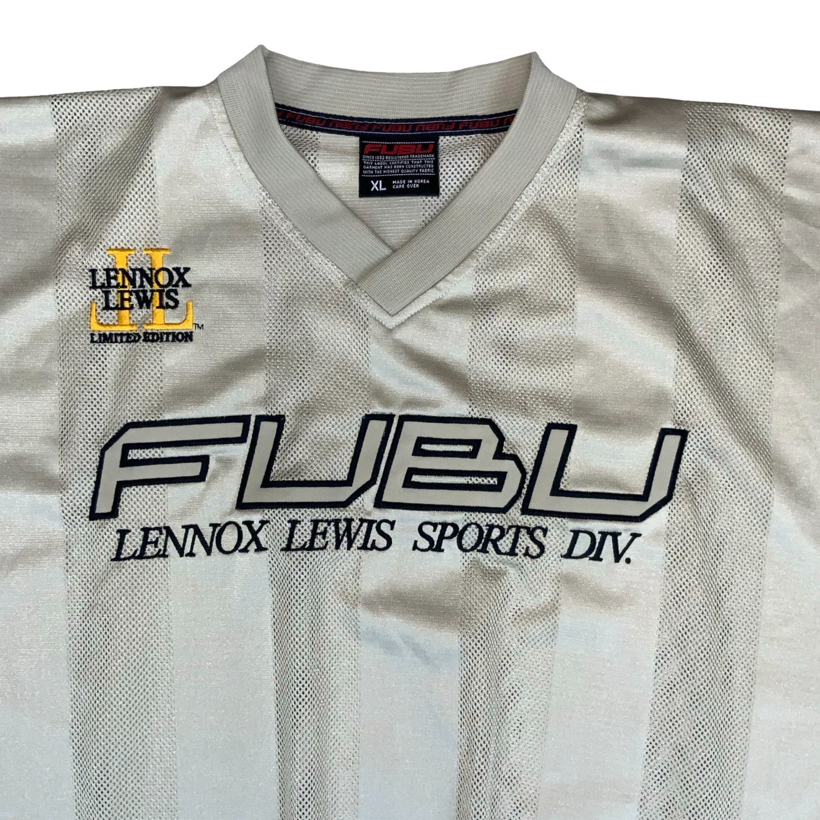 VTG 90s y2k 'FUBU' LENNOX LEWIS SPORTS DIVISION BEIGE SLEEVELESS JERSEY XL/2XL Vintage Superstore