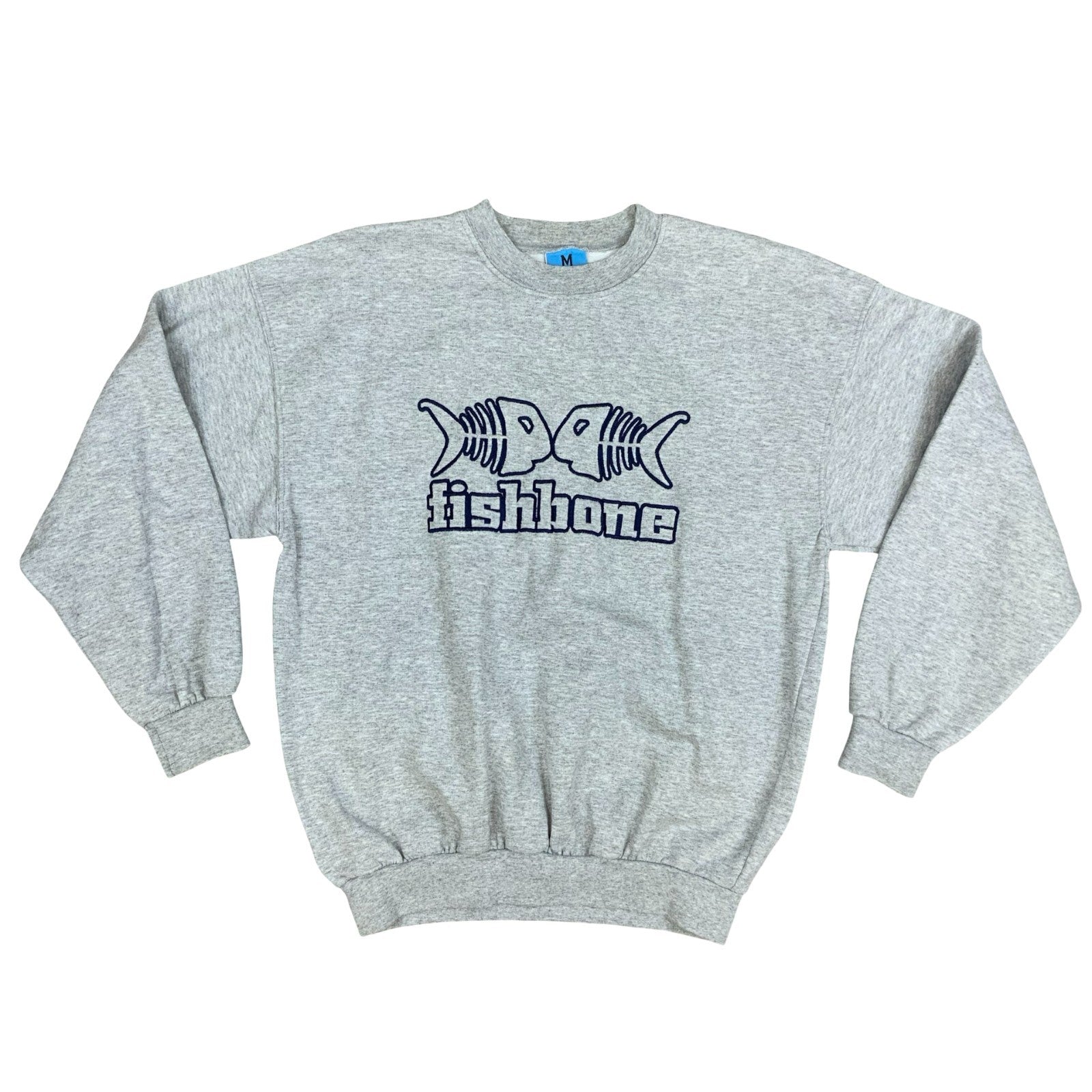 Y2K Fishbone FSBN Grey Embroidered Big Spell-Out Logo Crewneck Sweater Medium Vintage Superstore