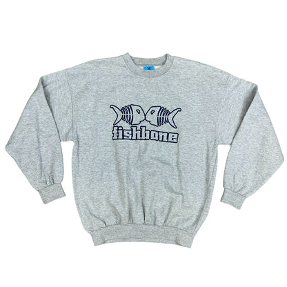 Y2K Fishbone FSBN Grey Embroidered Big Spell-Out Logo Crewneck Sweater Medium Vintage Superstore
