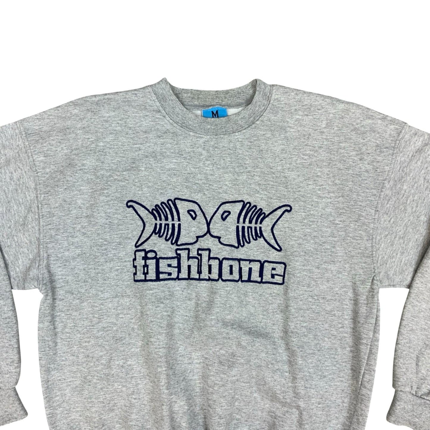 Y2K Fishbone FSBN Grey Embroidered Big Spell-Out Logo Crewneck Sweater Medium Vintage Superstore