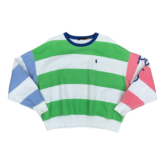 Y2K Polo Ralph Lauren Womens Striped Blue Green Pink Sweat Crewneck Jumper Lrg Vintage Superstore