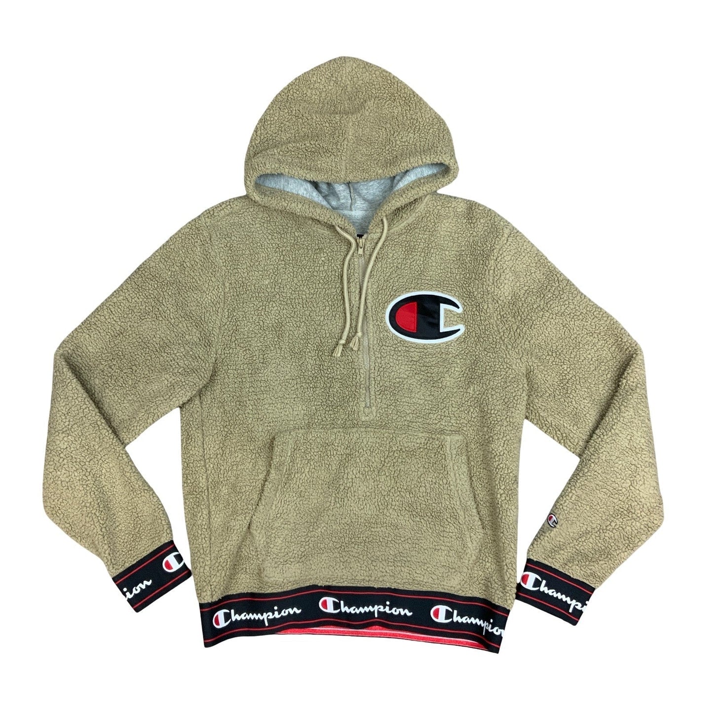 Champion Beige Cream Sherpa Embroidered Logo 1/2 Zip Hooded Sweatshirt Medium Vintage Superstore