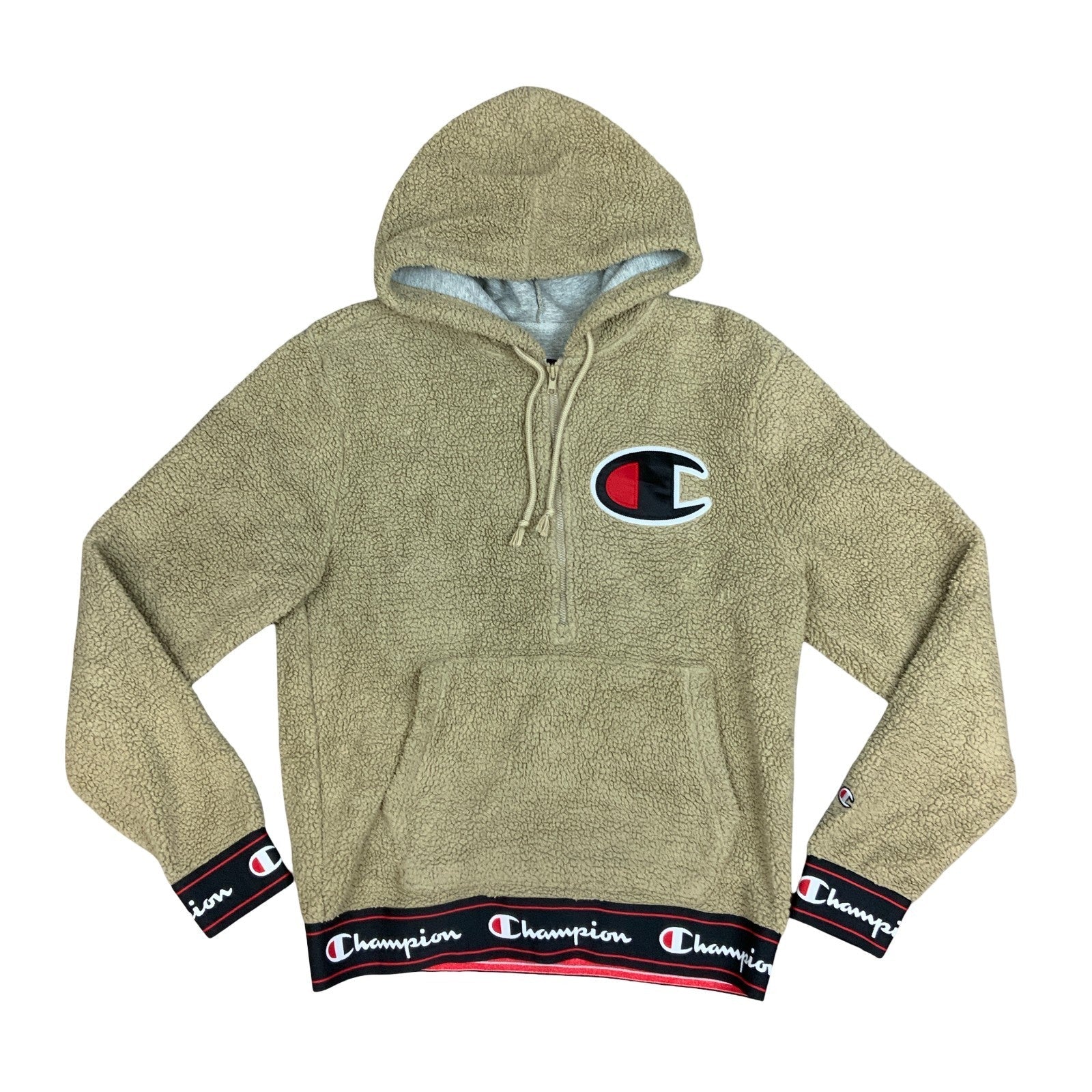 Champion Beige Cream Sherpa Embroidered Logo 1/2 Zip Hooded Sweatshirt Medium Vintage Superstore
