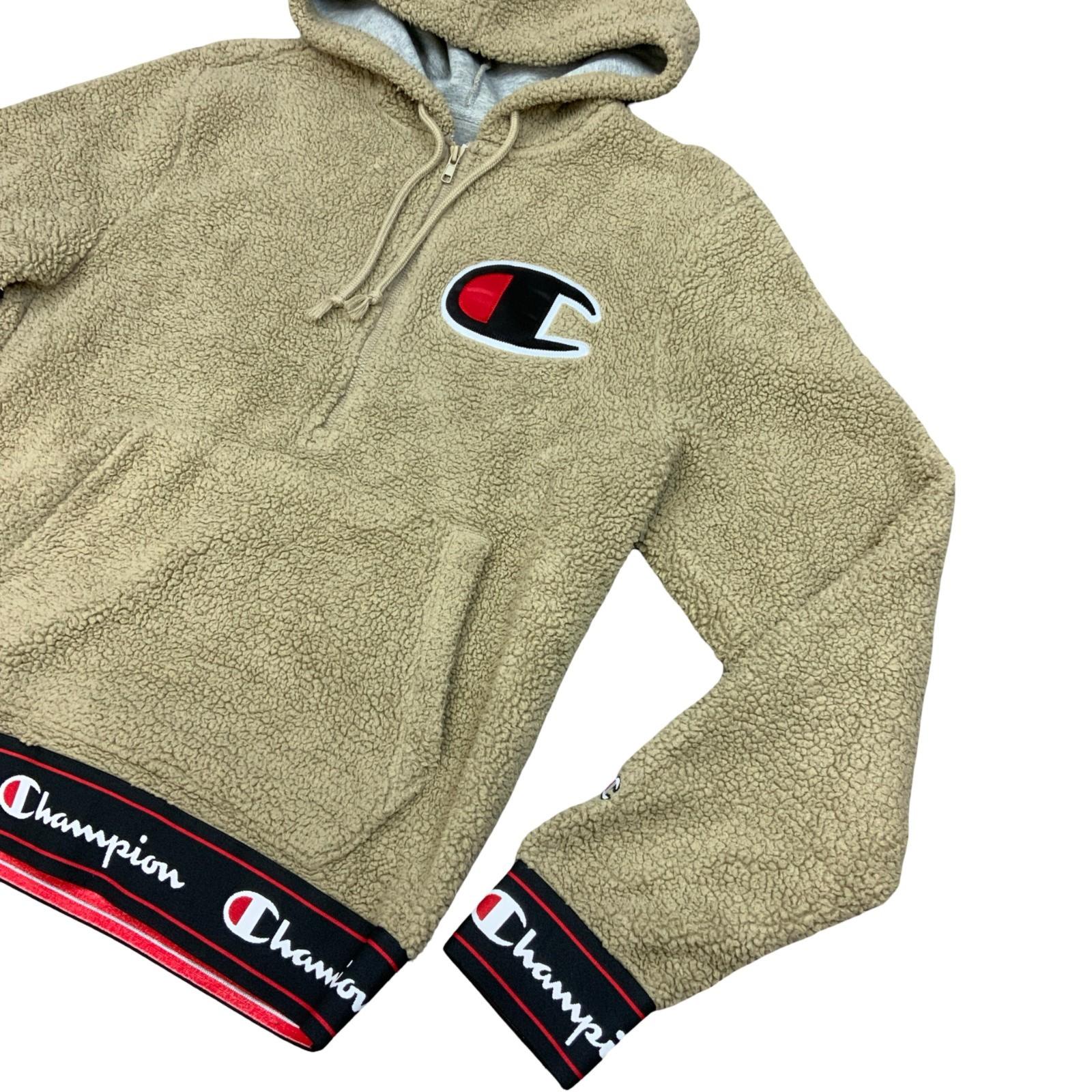 Champion Beige Cream Sherpa Embroidered Logo 1/2 Zip Hooded Sweatshirt Medium Vintage Superstore