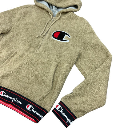 Champion Beige Cream Sherpa Embroidered Logo 1/2 Zip Hooded Sweatshirt Medium Vintage Superstore