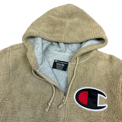 Champion Beige Cream Sherpa Embroidered Logo 1/2 Zip Hooded Sweatshirt Medium Vintage Superstore