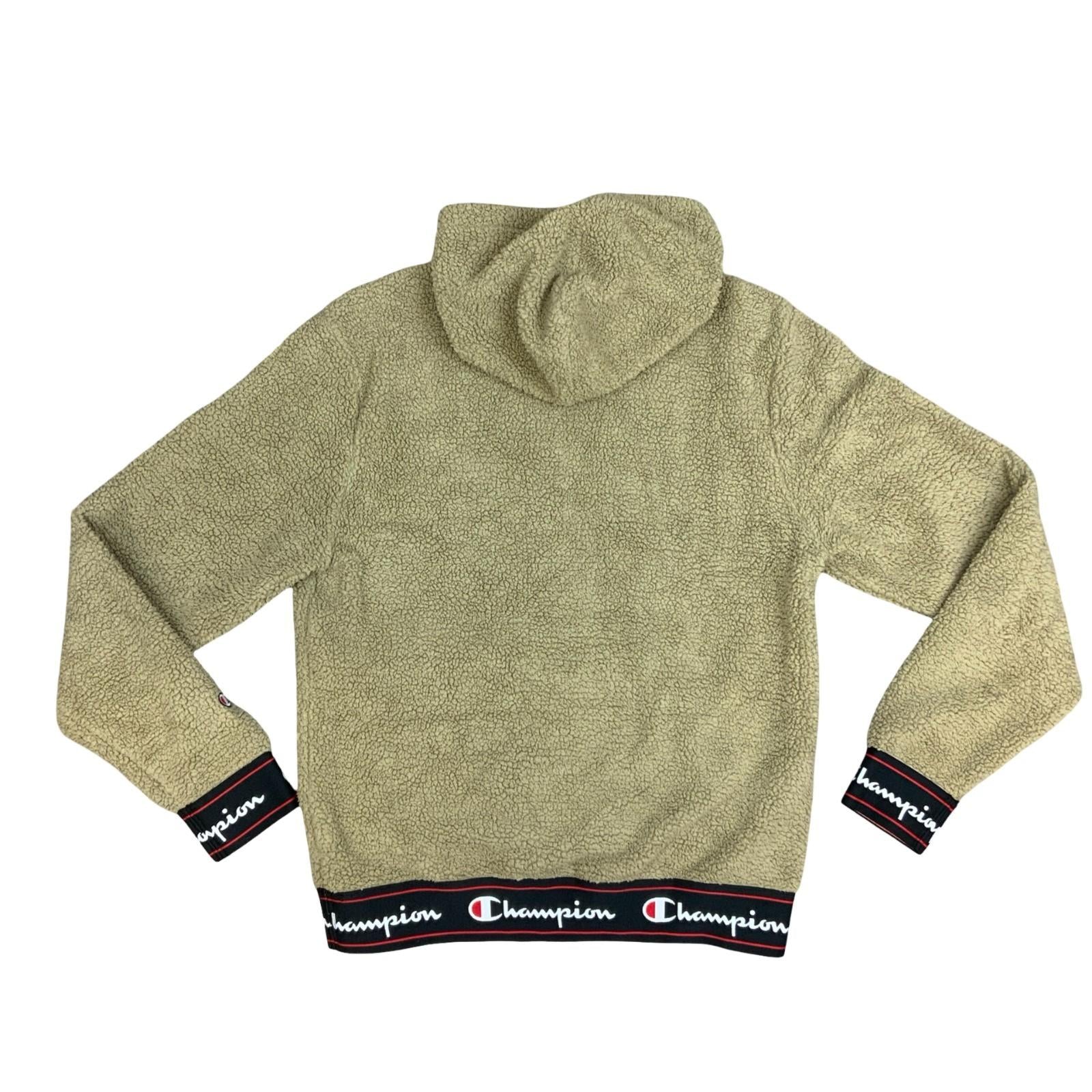 Champion Beige Cream Sherpa Embroidered Logo 1/2 Zip Hooded Sweatshirt Medium Vintage Superstore