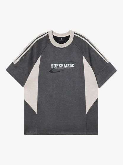 Suede Contrast Color Spliced Letter Embroidery Oversize T-shirt - 2462 SP250915KSND
