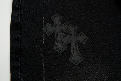 CHROME HEARTS BLACK CROSS PATCH JORTS BLACK Status Shipping