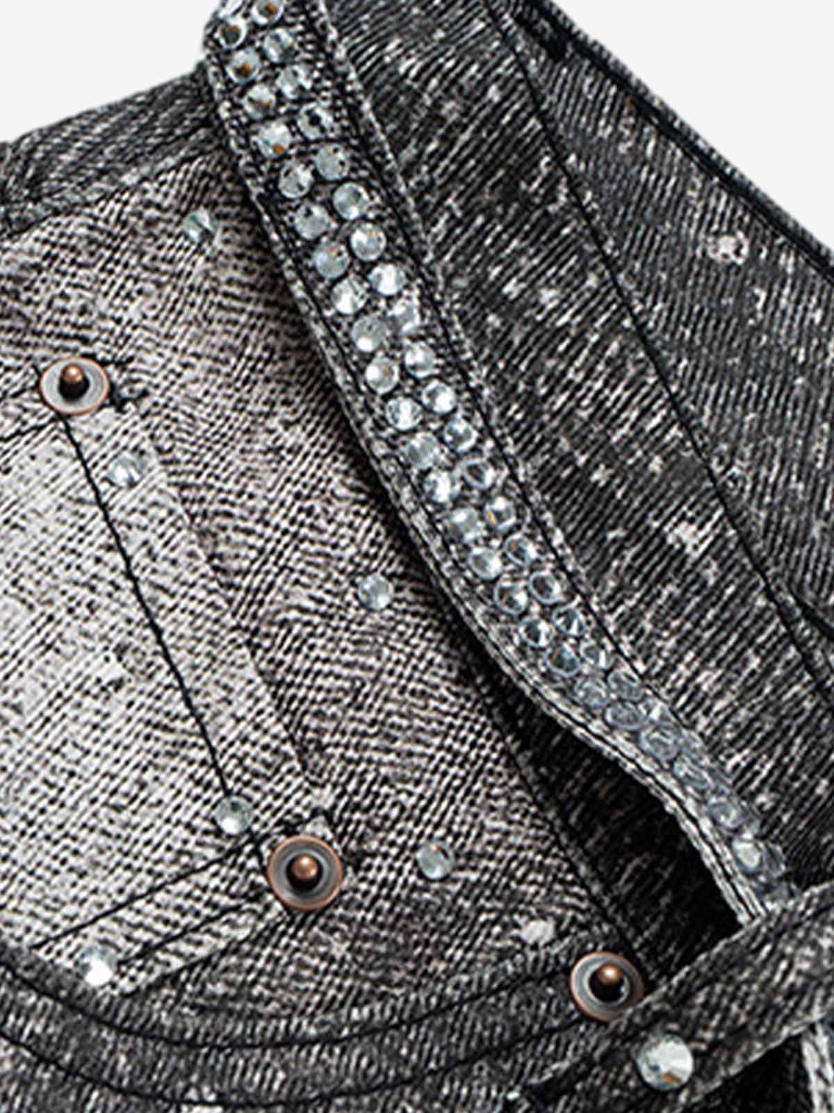 Denim Distressed Belt Diamond Decorated Jeans SP250915KSND