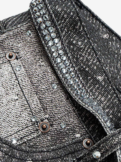 Denim Distressed Belt Diamond Decorated Jeans SP250915KSND