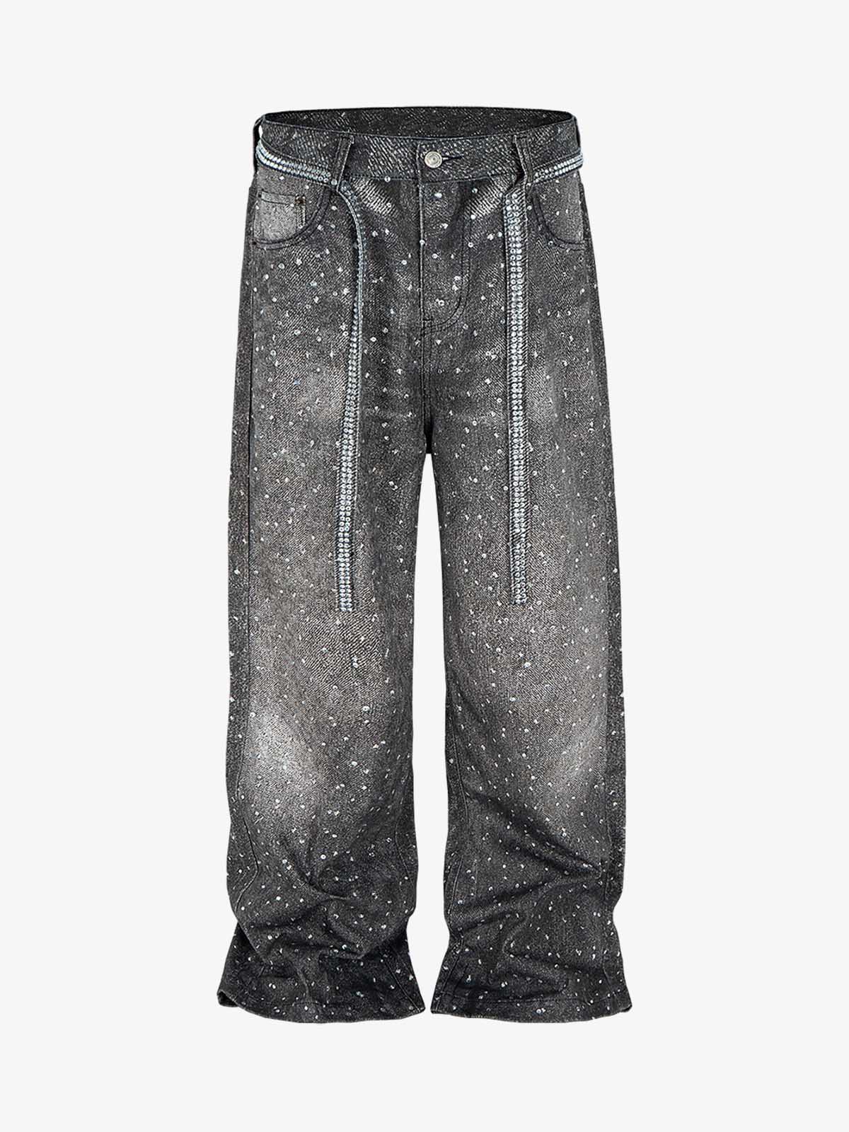 Denim Distressed Belt Diamond Decorated Jeans SP250915KSND