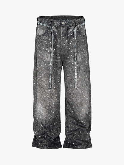 Denim Distressed Belt Diamond Decorated Jeans SP250915KSND