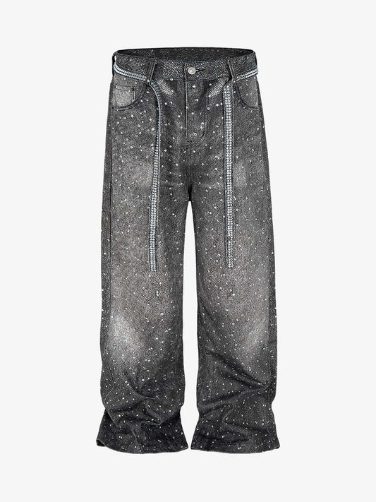 Denim Distressed Belt Diamond Decorated Jeans SP250915KSND