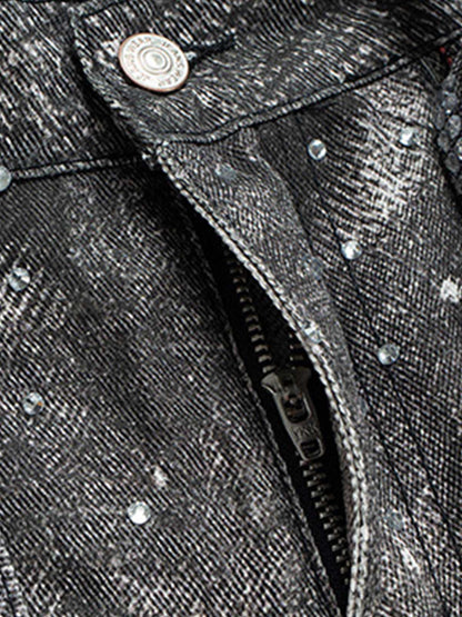 Denim Distressed Belt Diamond Decorated Jeans SP250915KSND