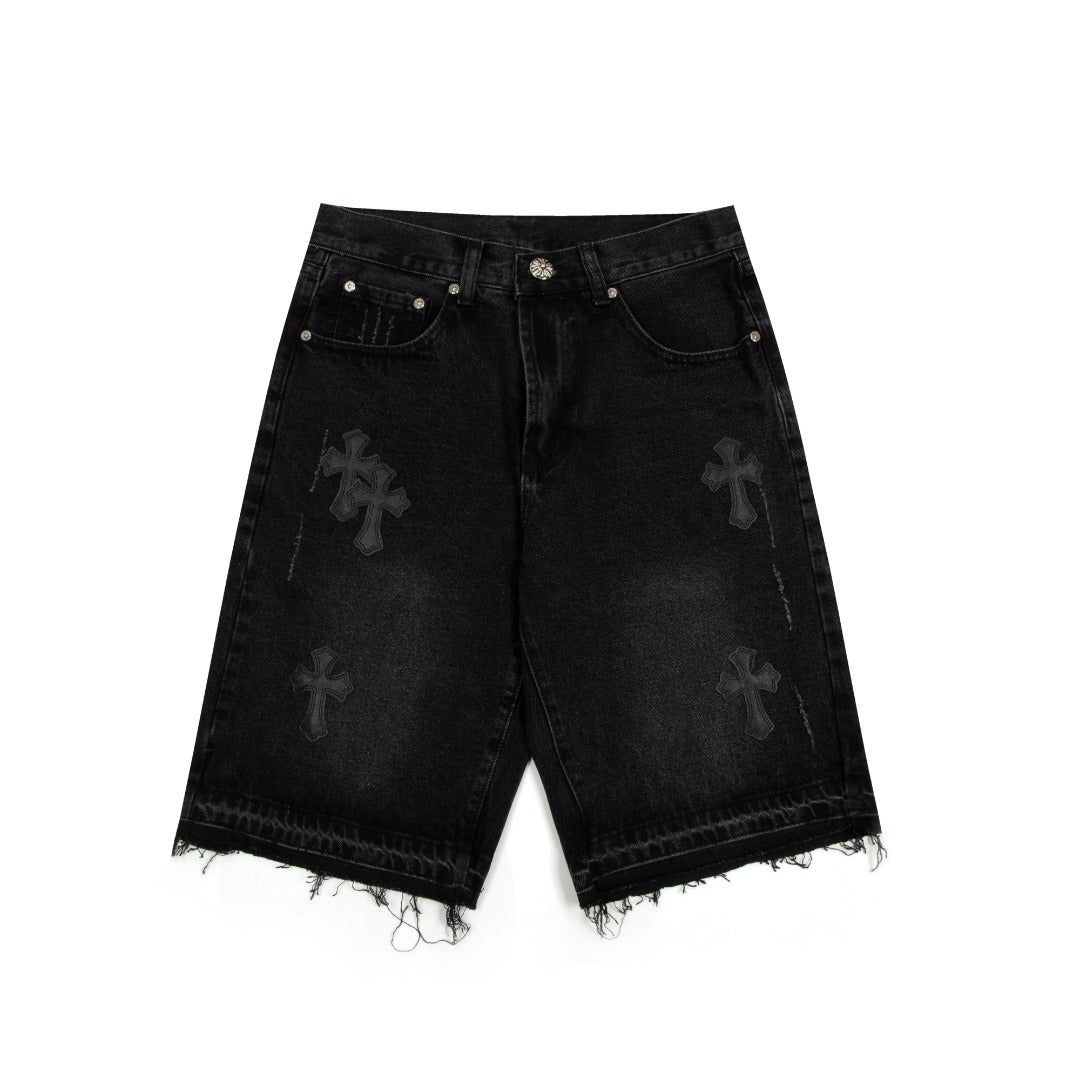 CHROME HEARTS BLACK CROSS PATCH JORTS BLACK Status Shipping
