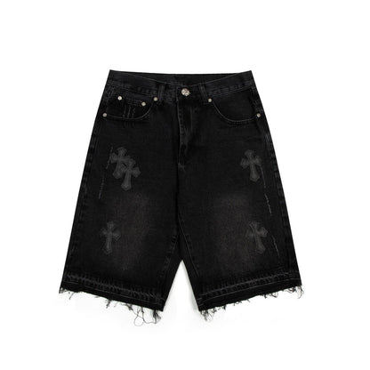 CHROME HEARTS BLACK CROSS PATCH JORTS BLACK Status Shipping