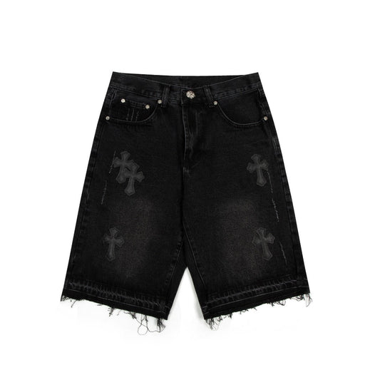 CHROME HEARTS BLACK CROSS PATCH JORTS BLACK Status Shipping