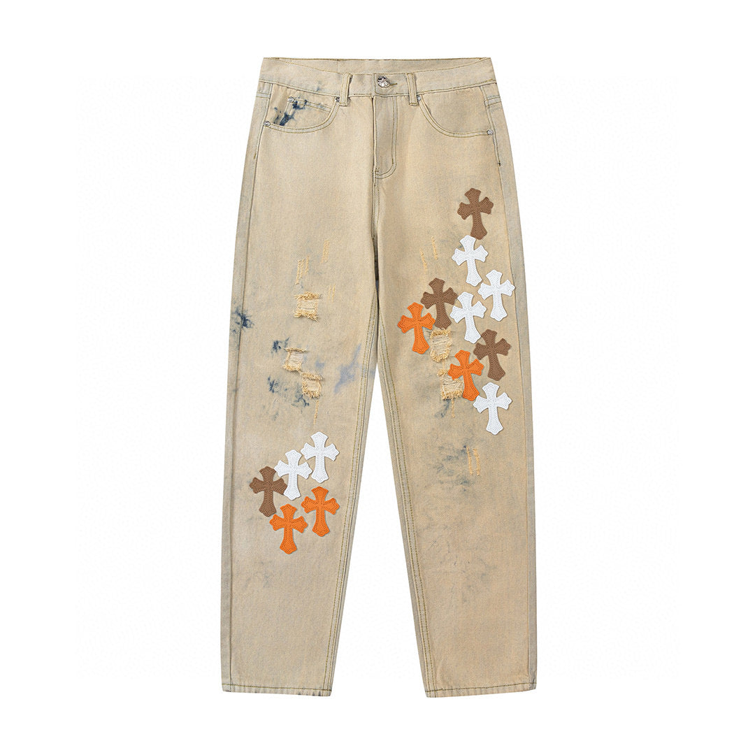 CHROME HEARTS ORANGE BROWN CROSS PATCH JEANS BEIGE Status Shipping