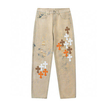 CHROME HEARTS ORANGE BROWN CROSS PATCH JEANS BEIGE Status Shipping