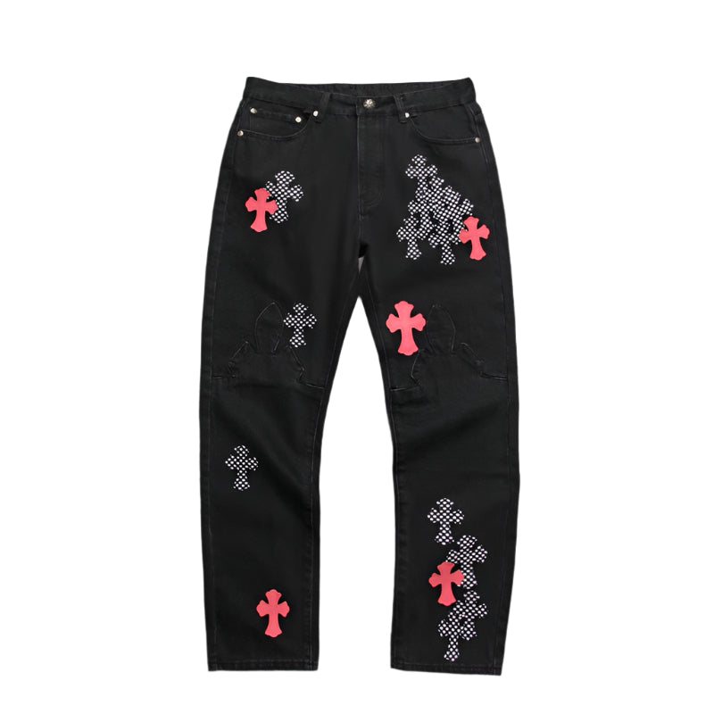 CHROME HEARTS PINK & CHECKERED CROSS PATCH FLEURKNEE JEANS BLACK Status Shipping
