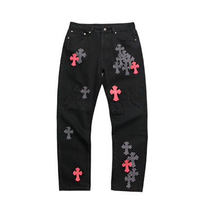 CHROME HEARTS PINK & CHECKERED CROSS PATCH FLEURKNEE JEANS BLACK Status Shipping