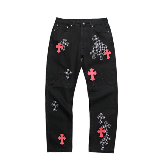 CHROME HEARTS PINK & CHECKERED CROSS PATCH FLEURKNEE JEANS BLACK Status Shipping
