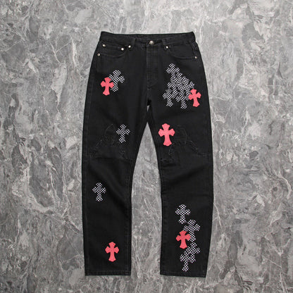 CHROME HEARTS PINK & CHECKERED CROSS PATCH FLEURKNEE JEANS BLACK Status Shipping