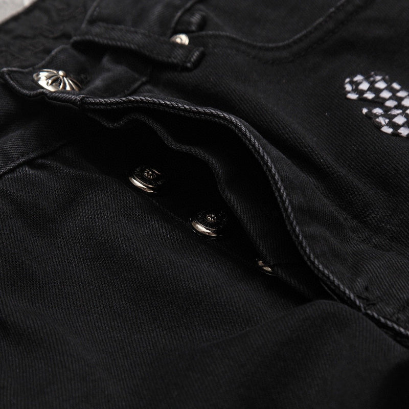 CHROME HEARTS PINK & CHECKERED CROSS PATCH FLEURKNEE JEANS BLACK Status Shipping